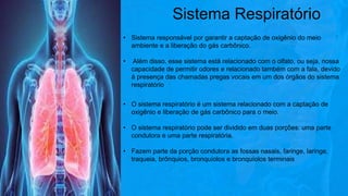 Sistema Respiratório
• Sistema responsável por garantir a captação de oxigênio do meio
ambiente e a liberação do gás carbônico.
• Além disso, esse sistema está relacionado com o olfato, ou seja, nossa
capacidade de permitir odores e relacionado também com a fala, devido
à presença das chamadas pregas vocais em um dos órgãos do sistema
respiratório
• O sistema respiratório é um sistema relacionado com a captação de
oxigênio e liberação de gás carbônico para o meio.
• O sistema respiratório pode ser dividido em duas porções: uma parte
condutora e uma parte respiratória.
• Fazem parte da porção condutora as fossas nasais, faringe, laringe,
traqueia, brônquios, bronquíolos e bronquíolos terminais
 