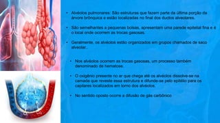 • Alvéolos pulmonares: São estruturas que fazem parte da última porção da
árvore brônquica e estão localizadas no final dos ductos alveolares.
• São semelhantes a pequenas bolsas, apresentam uma parede epitelial fina e é
o local onde ocorrem as trocas gasosas.
• Geralmente, os alvéolos estão organizados em grupos chamados de saco
alveolar..
• Nos alvéolos ocorrem as trocas gasosas, um processo também
denominado de hematose.
• O oxigênio presente no ar que chega até os alvéolos dissolve-se na
camada que reveste essa estrutura e difunde-se pelo epitélio para os
capilares localizados em torno dos alvéolos.
• No sentido oposto ocorre a difusão de gás carbônico
 