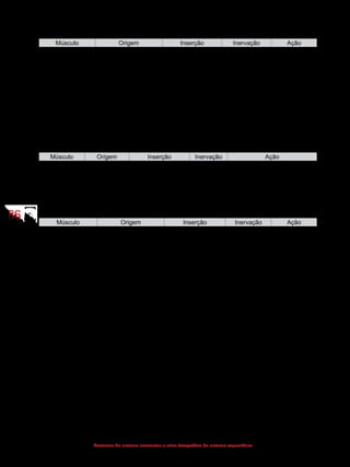 8686
Anatomia do sistema locomotor e atlas fotográfico do sistema esquelético
(Região posterior)
Músculo Origem Inserção Inervação Ação
Ilíaco Fossa ilíaca Trocanter menor do
fêmur
Ramos do plexo
lombar Flexiona a
coxa e o
troncoPsoas maior Vértebras lombares Trocanter menor do
fêmur
Ramos do plexo
lombar
Quadrado do
lombo
Crista ilíaca 12ª costela Ramos dos
nervos T12 e
L1.
Abaixa a
12ª costela
e flexiona
lateralmente o
tronco
(Região superior)
Músculo Origem Inserção Inervação Ação
Diafragma Face interna
do tronco
No centro tendíneo
(aponeurose) 
Nervo
frênico
Principal músculo da
respiração, aumenta o volume
da caixa torácica na inspiração
e diminui o volume da caixa
torácica na expiração
(Região inferior)
Músculo Origem Inserção Inervação Ação
Levantador do
ânus
Espinha isquiática,
púbis e arco tendíneo
do
m. levantador do ânus
Cóccix e rafe do
m. iliococcígeo
Ramos do
plexo sacral
Suporta o peso
dos órgãos
pélvicos
e eleva o
assoalho
pélvico
Coccígeo Espinha isquiática Cóccix Ramos do
plexo sacral
Traciona
o cóccix
anteriormente
Transverso
profundo do
períneo
Ísquio e púbis Centro tendíneo do
períneo
Ramos do
nervo pudendo
Auxilia na
fixação
do centro
tendíneo
Transverso
superficial do
períneo
Tuberisquiático Centro tendíneo do
períneo
Ramos do
nervo pudendo
Sua ação é
insignificante
 