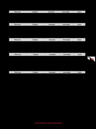 9191
Gustavo Graeff Kura, Marcos Roberto Spassim
(Músculos do antebraço - loja lateral 1ª camada)
Músculo Origem Inserção Inervação Ação
Braquiorradial  Crista supracondiliana
lateral do úmero 
Processo
estiloide do rádio
Nervo radial Flexiona o
antebraço
(Músculos do antebraço - Loja lateral 2ª Camada)
Músculo Origem Inserção Inervação Ação
Extensor radial
longo do carpo 
Crista supracondiliana
lateral do úmero 
Osso
metacarpal II 
Nervo radial Estende
e abduz o
punho
(Músculos do antebraço - loja lateral 3ª camada)
Músculo Origem Inserção Inervação Ação
Extensor radial curto
do carpo 
Epicôndilo lateral do
úmero
Osso metacarpal
III
Nervo radial Estende
e abduz o
punho
(Loja lateral - 4ª camada)
Músculo Origem Inserção Inervação Ação
Supinador Epicôndilo lateral do
úmero, ulna e cápsula
articular do cotovelo
Face lateral do
rádio
Nervo radial Realiza a
supinação
MÚSCULOS DA MÃO
(Região tênar - palmar lateral)
Músculo Origem Inserção Inervação Ação
Abdutor curto do
polegar 
Escafoide e retináculo
dos flexores
Falange proximal
do polegar 
Nervo mediano Abduz o
polegar
Flexor curto do
polegar 
Trapézio, trapezoide,
capitato e retináculo
dos flexores 
Falange proximal
do polegar
Nervo mediano e
nervo radial
 Flexiona o
polegar
Oponente do polegar  Trapézio e retináculo
dos flexores
Osso metacarpal I Nervo mediano Realiza a
oposição do
polegar
Adutor do polegar Capitato e
metacarpais II e III
Falange proximal
do polegar
Nervo ulnar Aduz o
polegar
 