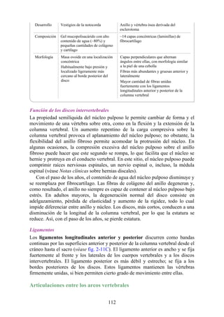 Desarrollo Vestigios de la notocorda Anillo y vértebra ósea derivada del
esclerotoma
Composición Gel mucopolisacárido con alto
contenido de agua (~80%) y
pequeñas cantidades de colágeno
y cartílago
~14 capas concéntricas (laminillas) de
fibrocartílago
Morfología Masa ovoide en una localización
concéntrica
Habitualmente bajo presión y
localizado ligeramente más
cercano al borde posterior del
disco
Capas perpendiculares que alternan
ángulos entre ellas, con morfología similar
a la piel de una cebolla
Fibras más abundantes y gruesas anterior y
lateralmente
Mayor cantidad de fibras unidas
fuertemente con los ligamentos
longitudinales anterior y posterior de la
columna vertebral
Función de los discos intervertebrales
La propiedad semilíquida del núcleo pulposo le permite cambiar de forma y el
movimiento de una vértebra sobre otra, como en la flexión y la extensión de la
columna vertebral. Un aumento repentino de la carga compresiva sobre la
columna vertebral provoca el aplanamiento del núcleo pulposo; no obstante, la
flexibilidad del anillo fibroso permite acomodar la protrusión del núcleo. En
algunas ocasiones, la compresión excesiva del núcleo pulposo sobre el anillo
fibroso puede hacer que este segundo se rompa, lo que facilita que el núcleo se
hernie y protruya en el conducto vertebral. En este sitio, el núcleo pulposo puede
comprimir raíces nerviosas espinales, un nervio espinal o, incluso, la médula
espinal (véase Notas clínicas sobre hernias discales).
Con el paso de los años, el contenido de agua del núcleo pulposo disminuye y
se reemplaza por fibrocartílago. Las fibras de colágeno del anillo degeneran y,
como resultado, el anillo no siempre es capaz de contener al núcleo pulposo bajo
estrés. En adultos mayores, la degeneración normal del disco consiste en
adelgazamiento, pérdida de elasticidad y aumento de la rigidez, todo lo cual
impide diferenciar entre anillo y núcleo. Los discos, más cortos, conducen a una
disminución de la longitud de la columna vertebral, por lo que la estatura se
reduce. Así, con el paso de los años, se pierde estatura.
Ligamentos
Los ligamentos longitudinales anterior y posterior discurren como bandas
continuas por las superficies anterior y posterior de la columna vertebral desde el
cráneo hasta el sacro (véase fig. 2-11C). El ligamento anterior es ancho y se fija
fuertemente al frente y los laterales de los cuerpos vertebrales y a los discos
intervertebrales. El ligamento posterior es más débil y estrecho; se fija a los
bordes posteriores de los discos. Estos ligamentos mantienen las vértebras
firmemente unidas, si bien permiten cierto grado de movimiento entre ellas.
Articulaciones entre los arcos vertebrales
112
 