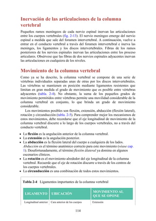Inervación de las articulaciones de la columna
vertebral
Pequeños ramos meníngeos de cada nervio espinal inervan las articulaciones
entre los cuerpos vertebrales (fig. 2-13). El nervio meníngeo emerge del nervio
espinal a medida que sale del foramen intervertebral. A continuación, vuelve a
entrar en el conducto vertebral a través del foramen intervertebral e inerva las
meninges, los ligamentos y los discos intervertebrales. Fibras de los ramos
posteriores de los nervios espinales inervan las articulaciones entre los proceso
articulares. Obsérvese que las fibras de dos nervios espinales adyacentes inervan
las articulaciones en cualquiera de los niveles.
Movimiento de la columna vertebral
Como ya se ha descrito, la columna vertebral se compone de una serie de
vértebras individuales separadas unas de otras por los discos intervertebrales.
Las vértebras se mantienen en posición mediante ligamentos resistentes que
limitan en gran medida el grado de movimiento que es posible entre vértebras
adyacentes (tabla. 2-4). No obstante, la suma de los pequeños grados de
movimiento permitidos entre vértebras permite una movilidad considerable de la
columna vertebral en conjunto, lo que brinda un grado de movimiento
considerable.
Los movimientos posibles son flexión, extensión, abducción (flexión lateral),
rotación y circunducción (tabla. 2-5). Para comprender mejor los mecanismos de
estos movimientos, debe recordarse que el eje longitudinal de movimiento de la
columna vertebral discurre a lo largo de los cuerpos vertebrales, no a través del
conducto vertebral.
La flexión es la angulación anterior de la columna vertebral.
La extensión es la angulación posterior.
La abducción es la flexión lateral del cuerpo a cualquiera de los lados.
Abducción es el término anatómico correcto para este movimiento (véase cap.
1). Desafortunadamente, el término flexión ålateral ya domina en algunos
escenarios clínicos.
La rotación es el movimiento alrededor del eje longitudinal de la columna
vertebral. Recuerde que el eje de rotación discurre a través de los centros de
los cuerpos vertebrales.
La circunducción es una combinación de todos estos movimientos.
Tabla 2-4 Ligamentos importantes de la columna vertebral
LIGAMENTO UBICACIÓN
MOVIMIENTO AL
QUE SE OPONE
Longitudinal anterior Cara anterior de los cuerpos Extensión
114
 
