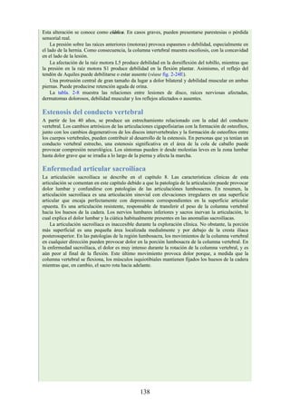 Esta alteración se conoce como ciática. En casos graves, pueden presentarse parestesias o pérdida
sensorial real.
La presión sobre las raíces anteriores (motoras) provoca espasmos o debilidad, especialmente en
el lado de la hernia. Como consecuencia, la columna vertebral muestra escoliosis, con la concavidad
en el lado de la lesión.
La afectación de la raíz motora L5 produce debilidad en la dorsiflexión del tobillo, mientras que
la presión en la raíz motora S1 produce debilidad en la flexión plantar. Asimismo, el reflejo del
tendón de Aquiles puede debilitarse o estar ausente (véase fig. 2-24E).
Una protrusión central de gran tamaño da lugar a dolor bilateral y debilidad muscular en ambas
piernas. Puede producirse retención aguda de orina.
La tabla. 2-8 muestra las relaciones entre lesiones de disco, raíces nerviosas afectadas,
dermatomas dolorosos, debilidad muscular y los reflejos afectados o ausentes.
Estenosis del conducto vertebral
A partir de los 40 años, se produce un estrechamiento relacionado con la edad del conducto
vertebral. Los cambios artrósicos de las articulaciones cigapofisiarias con la formación de osteofitos,
junto con los cambios degenerativos de los discos intervertebrales y la formación de osteofitos entre
los cuerpos vertebrales, pueden contribuir al desarrollo de la estenosis. En personas que ya tenían un
conducto vertebral estrecho, una estenosis significativa en el área de la cola de caballo puede
provocar compresión neurológica. Los síntomas pueden ir desde molestias leves en la zona lumbar
hasta dolor grave que se irradia a lo largo de la pierna y afecta la marcha.
Enfermedad articular sacroilíaca
La articulación sacroilíaca se describe en el capítulo 8. Las características clínicas de esta
articulación se comentan en este capítulo debido a que la patología de la articulación puede provocar
dolor lumbar y confundirse con patologías de las articulaciónes lumbosacras. En resumen, la
articulación sacroilíaca es una articulación sinovial con elevaciones irregulares en una superficie
articular que encaja perfectamente con depresiones correspondientes en la superficie articular
opuesta. Es una articulación resistente, responsable de transferir el peso de la columna vertebral
hacia los huesos de la cadera. Los nervios lumbares inferiores y sacros inervan la articulación, lo
cual explica el dolor lumbar y la ciática habitualmente presentes en las anomalías sacroilíacas.
La articulación sacroilíaca es inaccesible durante la exploración clínica. No obstante, la porción
más superficial es una pequeña área localizada medialmente y por debajo de la cresta ilíaca
posterosuperior. En las patologías de la región lumbosacra, los movimientos de la columna vertebral
en cualquier dirección pueden provocar dolor en la porción lumbosacra de la columna vertebral. En
la enfermedad sacroilíaca, el dolor es muy intenso durante la rotación de la columna vertebral, y es
aún peor al final de la flexión. Este último movimiento provoca dolor porque, a medida que la
columna vertebral se flexiona, los músculos isquiotibiales mantienen fijados los huesos de la cadera
mientras que, en cambio, el sacro rota hacia adelante.
138
 