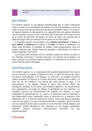 estructuras principales del miembro superior en una exploración básica de
superficie.
REVISIÓN
El miembro superior es una palanca multiarticulada que se mueve libremente
sobre el tronco en la articulación del hombro. Su función principal es mover la
mano en posiciones que permiten que esta pueda manipular objetos. La mano es
un órgano altamente evolucionado con la capacidad única de agarrar elementos
con movimientos gruesos y finos. Gran parte de la relevancia de la mano se basa
en la acción de oposición del pulgar, en forma de pinza, que permite que la
punta del pulgar entre en contacto con las puntas de los otros dedos.
El miembro superior está dividido en las regiones del hombro, el brazo, la
fosa cubital, el antebrazo, la muñeca y la mano. El brazo, el antebrazo y la
mano están divididos en unidades de trabajo. Cada compartimento tiene sus
propios músculos que realizan funciones grupales e individuales, así como su
propia irrigación e inervación.
Las lesiones más frecuentes de los miembros superiores cursan con dolor, y
son fracturas, luxaciones y lesiones nerviosas. Las lesiones en la muñeca y la
mano merecen una atención especial debido a la importancia de preservar la
mayor función posible del pulgar.
OSTEOLOGÍA
El miembro superior es un componente del esqueleto apendicular. Sus huesos
son la clavícula, la escápula, el húmero, la ulna, el radio, los huesos del carpo,
los huesos metacarpianos y las falanges. La clavícula y la escápula forman la
cintura escapular. El húmero es el hueso del brazo, mientras que el radio y la
ulna son los del antebrazo. Los huesos del carpo forman el carpo, y los
metacarpianos y las falanges forman la mano. Esta sección ofrece una
descripción completa de los huesos del miembro superior y sus características
más significativas. En lugar de relegar el aprendizaje de este material a un
complejo ejercicio de memorización de palabras sin sentido, es mejor
comprender la terminología (p. ej., ¿cuál es la diferencia entre un tubérculo y
una tuberosidad?) para comprender mejor la aplicación de la anatomía. Más
importante aún, a la hora de examinar los huesos, uno puede hacerse preguntas
como las que siguen: ¿Es este un elemento derecho o izquierdo? ¿Qué se articula
con esta estructura/área? ¿Qué se inserta en esta estructura? ¿Puede palparse esta
estructura? ¿Puede identificarse esta estructura en una imagen radiográfica
estándar? ¿Existen relaciones neurovasculares relevantes con esta
región/estructura?
Clavícula
162
 
