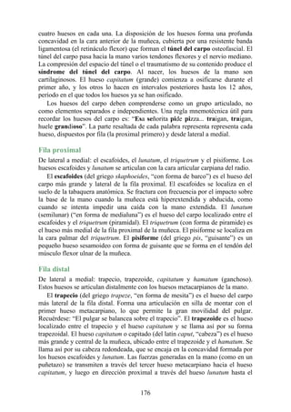 cuatro huesos en cada una. La disposición de los huesos forma una profunda
concavidad en la cara anterior de la muñeca, cubierta por una resistente banda
ligamentosa (el retináculo flexor) que forman el túnel del carpo osteofascial. El
túnel del carpo pasa hacia la mano varios tendones flexores y el nervio mediano.
La compresión del espacio del túnel o el traumatismo de su contenido produce el
síndrome del túnel del carpo. Al nacer, los huesos de la mano son
cartilaginosos. El hueso capitatum (grande) comienza a osificarse durante el
primer año, y los otros lo hacen en intervalos posteriores hasta los 12 años,
período en el que todos los huesos ya se han osificado.
Los huesos del carpo deben comprenderse como un grupo articulado, no
como elementos separados e independientes. Una regla mnemotécnica útil para
recordar los huesos del carpo es: “Esa señorita pide pizza... traigan, traigan,
huele grandioso”. La parte resaltada de cada palabra representa representa cada
hueso, dispuestos por fila (la proximal primero) y desde lateral a medial.
Fila proximal
De lateral a medial: el escafoides, el lunatum, el triquetrum y el pisiforme. Los
huesos escafoides y lunatum se articulan con la cara articular carpiana del radio.
El escafoides (del griego skaphoeides, “con forma de barco”) es el hueso del
carpo más grande y lateral de la fila proximal. El escafoides se localiza en el
suelo de la tabaquera anatómica. Se fractura con frecuencia por el impacto sobre
la base de la mano cuando la muñeca está hiperextendida y abducida, como
cuando se intenta impedir una caída con la mano extendida. El lunatum
(semilunar) (“en forma de medialuna”) es el hueso del carpo localizado entre el
escafoides y el triquetrum (piramidal). El triquetrum (con forma de piramide) es
el hueso más medial de la fila proximal de la muñeca. El pisiforme se localiza en
la cara palmar del triquetrum. El pisiforme (del griego pis, “guisante”) es un
pequeño hueso sesamoideo con forma de guisante que se forma en el tendón del
músculo flexor ulnar de la muñeca.
Fila distal
De lateral a medial: trapecio, trapezoide, capitatum y hamatum (ganchoso).
Estos huesos se articulan distalmente con los huesos metacarpianos de la mano.
El trapecio (del griego trapeze, “en forma de mesita”) es el hueso del carpo
más lateral de la fila distal. Forma una articulación en silla de montar con el
primer hueso metacarpiano, lo que permite la gran movilidad del pulgar.
Recuérdese: “El pulgar se balancea sobre el trapecio”. El trapezoide es el hueso
localizado entre el trapecio y el hueso capitatum y se llama así por su forma
trapezoidal. El hueso capitatum o capitado (del latín caput, “cabeza”) es el hueso
más grande y central de la muñeca, ubicado entre el trapezoide y el hamatum. Se
llama así por su cabeza redondeada, que se encaja en la concavidad formada por
los huesos escafoides y lunatum. Las fuerzas generadas en la mano (como en un
puñetazo) se transmiten a través del tercer hueso metacarpiano hacia el hueso
capitatum, y luego en dirección proximal a través del hueso lunatum hasta el
176
 