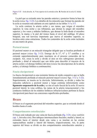 Figura 3-21 Axila derecha. A. Vista superior de la entrada axilar. B. Paredes de la axila. C. Salida
axilar.
La piel que se extiende entre las paredes anterior y posterior forma la base de
la axila (véase fig. 3-22). Los detalles de los músculos que forman las paredes de
la axila se resumen más adelante en este capítulo en las tablas 3-3 a 3-5.
La axila contiene la arteria axilar y sus ramas, que irrigan el miembro
superior; la vena axilar y sus tributarias, que drenan la sangre del miembro
superior; y los vasos y nódulos linfáticos, que drenan la linfa desde el miembro
superior, la mama y la piel del tronco hasta el nivel del ombligo. El plexo
braquial, una red nerviosa importante que inerva el miembro superior, se
localiza entre estas estructuras. Todos los contenidos de la axila están incluidos
en una matriz de grasa.
Pectoral menor
El pectoral menor es un músculo triangular delgado que se localiza profundo al
pectoral mayor (véase fig. 3-12). Emerge de la 3.a, 4.a y 5.a costillas y se
extiende superolateralmente para insertarse en el proceso coracoides de la
escápula. Así, cruza la axila y divide el área en tres subregiones (proximal,
profunda y distal al músculo) que son útiles para describir el trayecto de la
arteria axilar y el drenaje linfático del área (véanse las descripciones de la arteria
axilar y el drenaje linfático a continuación).
Fascia clavipectoral
La fascia clavipectoral es una resistente lámina de tejido conjuntivo que se halla
inmediatamente profunda al músculo pectoral mayor (véanse figs. 3-12 y 3-22).
Superiormente, se inserta en la clavícula. Inferiormente, se divide y rodea los
músculos subclavio y pectoral menor y luego continúa inferiormente como
ligamento suspensorio de la axila y se une al suelo fascial de la axila. El nervio
pectoral lateral, la vena cefálica, las ramas de la arteria toracoacromial y los
conductos linfáticos de los nódulos linfáticos infraclaviculares perforan la fascia
clavipectoral para hacer sus conexiones superficiales-profundas.
Brazo
El brazo es el segmento proximal del miembro superior, que se extiende desde el
hombro hasta el codo.
Compartimentos osteofasciales
El brazo está rodeado por una vaina de fascia profunda (fig. 3-24; véase también
cap. 1, Introducción). Dos tabiques intermusculares fasciales, medial y lateral, se
extienden hacia el interior desde esta vaina y se insertan en las crestas
supracondíleas medial y lateral del húmero, respectivamente. Así, la parte
superior del brazo se divide en dos compartimentos osteofasciales anterior y
196
 
