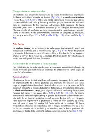 Compartimentos osteofasciales
El antebrazo está encerrado en una vaina de fascia profunda unida al periostio
del borde subcutáneo posterior de la ulna (fig. 3-30). La membrana interósea
(véanse figs. 3-30, 3-33 y 3-35) es una banda ligamentosa resistente que une los
cuerpos (diáfisis) del radio y la ulna y también proporciona un área adicional
para las inserciones de los músculos adyacentes. Este manguito de fascia
profunda, junto con la membrana interósea y los tabiques intermusculares
fibrosos, divide el antebrazo en tres compartimentos osteofasciales: anterior,
lateral y posterior. Cada compartimento contiene un conjunto de músculos,
nervios y arterias (figs. 3-31 a 3-35 y tabla 3-2 [p. 118]; véase también fig. 3-
30).
Muñeca
La muñeca (carpo) es un complejo de ocho pequeños huesos del carpo que
conectan el antebrazo con la mano (véanse figs. 3-9 y 3-10). Antes de aprender
la anatomía de la mano, es esencial conocer bien la distribución de los tendones,
arterias y nervios de la región de la muñeca. Desde un punto de vista clínico, la
muñeca es un lugar de lesiones frecuentes.
Retináculos de los flexores y los extensores
Los retináculos de los músculos flexores y extensores son resistentes bandas de
fascia profunda que mantienen los tendones del extensor y el flexor largos en
posición en la muñeca.
Retináculo flexor
El retináculo flexor (retináculo flexor o ligamento transverso de la muñeca) es
un engrosamiento de la fascia profunda que mantiene los tendones del flexor
largo en su posición en la muñeca. Se extiende a través de la cara anterior de la
muñeca y convierte la concavidad anterior de la muñeca en un túnel osteofascial,
el túnel (conducto) del carpo, para el paso del nervio mediano y los tendones
flexores del pulgar y los dedos (figs. 3-36 a 3-38 [p. 118-119]). Se inserta
medialmente en el hueso pisiforme y el gancho del hamatum y lateralmente en el
tubérculo de los huesos escafoides y en el trapecio. La inserción en el trapecio
tiene porciones superficiales y profundas y forma un túnel cubierto de líquido
sinovial para el paso del tendón del flexor radial de la muñeca. El borde
proximal del retináculo se corresponde con el pliegue distal transverso de la piel
en la cara anterior de la muñeca y es continuo con la fascia profunda del
antebrazo. El borde distal se inserta en la aponeurosis palmar (véase fig. 3-37).
204
 