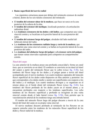 Ramo superficial del nervio radial
Las siguientes estructuras pasan por debajo del retináculo extensor de medial
a lateral, dentro de los seis túneles extensores del retináculo:
El tendón del extensor ulnar de la muñeca, que hace un surco en la cara
posterior de la cabeza de la ulna.
El tendón del extensor del meñique, localizado posterior a la articulación
radioulnar distal.
Los tendones extensores de los dedos y del índice, que comparten una vaina
sinovial común y se localizan en la porción lateral de la cara posterior del
radio.
El tendón del extensor largo del pulgar, alrededor del lado medial del
tubérculo dorsal del radio.
Los tendones de los extensores radiales largo y corto de la muñeca, que
comparten una vaina sinovial común y se hallan en la porción lateral de la cara
posterior del radio.
Los tendones del abductor largo del pulgar y el extensor corto del pulgar,
que tienen vainas sinoviales separadas pero comparten un compartimento
común.
Túnel del carpo
La cara anterior de la muñeca posee una profunda concavidad y forma un canal
óseo, que se convierte en un túnel. El conducto se convierte en un túnel (el túnel
del carpo) a partir del retináculo flexor que lo cubre (véase fig. 3-36). Los
tendones del flexor largo de los dedos y el pulgar pasan a través del túnel
acompañados por el nervio mediano. Los cuatro tendones separados del músculo
flexor superficial de los dedos están dispuestos en filas anterior y posterior: los
que corresponden a los dedos medio y anular son superficiales con respecto a los
del índice y el meñique. Los cuatro tendones divergen y se organizan en el
mismo plano en el borde distal del retináculo flexor (véase fig. 3-41). Los
tendones del flexor profundo de los dedos yacen en el mismo plano, y se
encuentran profundos con respecto a los tendones superficiales. Los ocho
tendones de los flexores superficial y profundo se invaginan en una vaina
sinovial común desde el lado lateral (véase fig. 3-36). Esto permite que la
vascularización arterial de los tendones tenga una entrada lateral.
El tendón del músculo flexor largo del pulgar discurre a través de la cara
lateral del túnel del carpo en su propia vaina sinovial.
El nervio mediano discurre profundo al retináculo de los flexores en un
espacio estrecho entre los tendones de los músculos flexor superficial de los
dedos y flexor radial de la muñeca.
221
 