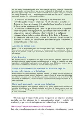 son más grandes que los extensores y, por lo tanto, se afectan con mayor frecuencia. Los músculos
son reemplazados por tejido fibroso, que se retrae, produciendo la deformidad. Los casos más
habituales se producen por una escayola demasiado apretada, aunque algunas veces puede deberse a
una fractura propiamente dicha. La deformidad puede describirse solo si se conoce y comprende la
anatomía de la región. Hay tres tipos de deformidades:
Los músculos flexores largo de la muñeca y de los dedos están más
contraídos que los músculos extensores, y la articulación de la muñeca se
flexiona; los dedos se extienden. Si la articulación de la muñeca se extiende
de forma pasiva, los dedos se flexionan.
Los músculos extensores largos a los dedos, que se insertan en la expansión
extensora fijada a la falange proximal, se contraen considerablemente; las
articulaciones metacarpofalángicas y la articulación de la muñeca se
extienden, y las articulaciones interfalángicas de los dedos se flexionan.
Se contraen los músculos flexor y extensor del antebrazo. La articulación de
la muñeca se flexiona, las articulaciones metacarpofalángicas se extienden y
las interfalángicas se flexionan.
Ausencia de palmar largo
Casi el 10% de las personas carecen del músculo palmar largo en uno o ambos lados del antebrazo.
Otros muestran una variación en la forma, como un vientre muscular en posición central o distal en
lugar de uno proximal. Debido a que el músculo es relativamente débil, su ausencia no produce
discapacidad.
Codo de tenista
Un desgarro parcial o la degeneración del origen de los músculos extensores superficiales del
epicóndilo lateral del húmero produce el denominado codo de tenista. Se caracteriza por dolor
espontáneo y sensibilidad a la palpación sobre el epicóndilo lateral del húmero, con dolor que se
irradia hacia la cara lateral del antebrazo; es frecuente en tenistas y violinistas.
Sinovitis estenosante de los tendones del abductor largo del
pulgar y el extensor corto del pulgar
Como resultado de la fricción repetida entre estos tendones y el proceso estiloides del radio, en
ocasiones pueden originarse edemas e hinchazones. Luego, la fibrosis de la vaina sinovial produce
una afección conocida como tenosinovitis estenosante, caracterizada por la restricción del
movimiento de los tendones. Los casos avanzados requieren incisión quirúrgica a lo largo de la
vaina constreñida.
Rotura del tendón del extensor largo del pulgar
La rotura de este tendón puede producirse después de una fractura del tercio distal del radio. La
rugosidad del tubérculo dorsal del radio producida por la línea de fractura puede originar una
fricción excesiva en el tendón, que puede romperse. La artritis reumatoide también puede ocasionar
la rotura de este tendón.
Obsérvese que el braquiorradial es una excepción a las funciones generales
asociadas con los músculos de los compartimentos lateral y posterior del
antebrazo, ya que es un flexor importante del codo en lugar de un extensor.
Músculos del compartimento osteofascial posterior
Los músculos del compartimento osteofascial posterior están dispuestos en dos
235
 