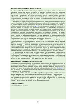 Lesión del nervio radial: efectos motores
El nervio radial puede lesionarse en la axila por la presión ejercida por el extremo superior de una
muleta mal ajustada, que presiona hacia arriba en la axila y comprime el nervio, o al quedarse
dormido con un brazo sobre el respaldo de una silla. También puede dañarse gravemente en la axila
por fracturas y dislocaciones del extremo proximal del húmero. Cuando el húmero se desplaza
inferiormente en las dislocaciones inferiores de la articulación glenohumeral, el nervio radial, que se
envuelve alrededor del dorso del cuerpo del húmero, es traccionado hacia abajo, de modo que se
produce un estiramiento excesivo del nervio.
Recuérdese que el nervio radial inerva todos los músculos en los compartimentos posteriores del
brazo y el antebrazo. El tríceps, el ancóneo y los extensores largos de la muñeca están paralizados.
El paciente no puede extender la articulación del codo, la articulación de la muñeca y los dedos. La
caída de la muñeca (flexión de la muñeca; fig. 3-63) se produce como resultado de la acción de los
músculos flexores de la muñeca, que quedan sin oposición, y la imposibilidad de mantener la
articulación extendida contra la gravedad. La caída de la muñeca es muy incapacitante porque no
pueden flexionarse fuertemente los dedos para agarrar firmemente un objeto con la muñeca
completamente flexionada (pruebe hacerlo usted mismo). Sin embargo, si la muñeca y las falanges
proximales se extienden pasivamente manteniéndolas en posición con la mano opuesta, las falanges
media y distal de los dedos pueden extenderse a través de la acción de los lumbricales e interóseos,
que se insertan en las expansiones extensoras. Los músculos braquiorradial y supinador también
están paralizados, pero el bíceps braquial sigue permitiendo la supinación.
El nervio radial puede lesionarse en el surco radial del húmero en el momento de la fractura del
cuerpo del húmero o tras resultar dañado por la formación del callo. También se sabe que la presión
del dorso del brazo en el borde de la mesa de operaciones en un paciente inconsciente lesiona el
nervio en este punto. La aplicación prolongada de un torniquete en el brazo en una persona con un
músculo tríceps delgado suele originar parálisis radial temporal. La lesión del nervio radial ocurre
con mayor frecuencia en la porción distal del surco radial, más allá del origen de los nervios para el
tríceps y el ancóneo y más allá del origen de los nervios cutáneos. En este caso, el paciente puede
extender el hombro y el codo, pero no la muñeca y los dedos, y se produce la caída de la muñeca.
El ramo profundo del nervio radial es el nervio motor para los músculos extensores en el
compartimento posterior del antebrazo. Puede dañarse en caso de fracturas del extremo proximal del
radio o durante la dislocación de la cabeza del radio. La inervación del supinador y el extensor radial
largo de la muñeca no sufrirá daños, y como este último músculo es poderoso, mantendrá la
articulación de la muñeca extendida y no se producirá la caída de la muñeca.
Lesión del nervio radial: efectos sensitivos
En una lesión axilar del nervio radial, se produce una pequeña pérdida de sensibilidad de la piel de
la cara posterior de la porción inferior del brazo y en una banda estrecha en el dorso del antebrazo.
También hay un área variable de pérdida sensitiva que se localiza en la porción lateral del dorso de
la mano y en la cara dorsal de las raíces de los tres dedos y medio laterales (véase fig. 3-60D). El
área de anestesia total es relativamente pequeña debido al solapamiento de la inervación sensitiva
por parte de los nervios adyacentes.
Si el nervio radial se daña en el surco radial, se produce una pequeña área variable de anestesia
sobre la cara dorsal de la mano y la cara dorsal de las raíces de los tres dedos y medio laterales.
Después de la lesión del ramo profundo del nervio radial, no se produce pérdida cutánea, dado
que se trata de un nervio motor. La sección del nervio radial superficial, que es sensitivo, por
ejemplo, en una herida punzante, origina una pequeña y variable área de anestesia sobre el dorso de
la mano y la cara dorsal de las raíces de los tres dedos y medio laterales.
Cambios tróficos
Los cambios tróficos son leves.
274
 