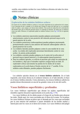 costilla, estos nódulos reciben los vasos linfáticos eferentes de todos los otros
nódulos axilares.
Notas clínicas
Exploración de los nódulos linfáticos axilares
El examen de los nódulos linfáticos axilares es una parte importante de la exploración de la mama.
Con el paciente de pie o sentado, se le solicita que coloque la mano del lado que se va a examinar
sobre la cadera y que empuje con fuerza hacia adentro. Esta acción de aducción de la articulación
del hombro hace que el músculo pectoral mayor se contraiga al máximo, de modo que se endurece
como una tabla. Entonces, el explorador palpa los nódulos axilares (véase fig. 3-69) de la siguiente
manera:
Los nódulos anteriores (pectorales) pueden palparse presionando
anteriormente contra la cara posterior del músculo pectoral mayor en la
pared anterior de la axila.
Los nódulos posteriores (subescapulares) pueden palparse presionando
posteriormente contra la cara anterior del músculo subescapular sobre la
pared posterior de la axila.
Los nódulos laterales pueden palparse contra la cara medial de la vena
axilar. Los dedos del explorador presionan lateralmente contra la vena
axilar y la arteria axilar pulsátil.
Los nódulos centrales pueden palparse en el centro de la axila entre el
pectoral mayor (pared anterior) y el subescapular (pared posterior).
Para los nódulos apicales, se solicita al paciente que relaje los músculos de
los hombros y deje que el miembro superior cuelgue hacia un lado. El
explorador coloca suavemente las puntas de los dedos de la mano
exploradora en la axila hasta el borde exterior de la 1.a costilla. Si los
nódulos están dilatados, pueden palparse fácilmente.
Los nódulos apicales drenan en el tronco linfático subclavio. En el lado
izquierdo, este tronco drena en el conducto torácico; en el lado derecho, lo hace
en el tronco linfático derecho. Como alternativa, los troncos linfáticos subclavios
pueden drenar directamente en una de las grandes venas en la raíz del cuello.
Vasos linfáticos superficiales y profundos
Los vasos linfáticos superficiales que drenan los tejidos superficiales del
miembro superior discurren superiormente en la axila (fig. 3-70).
Los vasos linfáticos de los dedos pasan a lo largo de sus bordes para alcanzar
las redes. Desde aquí, los vasos ascienden por el dorso de la mano. En la palma,
los vasos linfáticos forman un plexo que es drenado por los vasos que ascienden
por la cara anterior del antebrazo o pasan alrededor de los bordes medial y
lateral para unir los vasos en el dorso de la mano. Los vasos linfáticos del pulgar
291
 