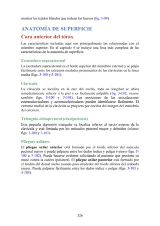 mostrar los tejidos blandos que rodean los huesos (fig. 3-99).
ANATOMÍA DE SUPERFICIE
Cara anterior del tórax
Las características incluidas aquí son principalmente las relacionadas con el
miembro superior. En el capítulo 4 se incluye una lista más completa de las
características de la anatomía de superficie.
Escotadura supraesternal
La escotadura supraesternal es el borde superior del manubrio esternal y se palpa
fácilmente entre los extremos mediales prominentes de las clavículas en la línea
media (figs. 3-100 y 3-101).
Clavícula
La clavícula se localiza en la raíz del cuello, toda su longitud se ubica
inmediatamente inferior a la piel y es fácilmente palpable (fig. 3-102; véanse
también figs. 3-100 y 3-101). Las posiciones de las articulaciones
esternoclaviculares y acromioclaviculares pueden identificarse fácilmente. El
extremo medial de la clavícula se proyecta por encima del margen del manubrio
del esternón.
Triángulo deltopectoral (clavipectoral)
Esta pequeña depresión triangular se localiza inferior al tercio externo de la
clavícula y está limitada por los músculos pectoral mayor y deltoides (véanse
figs. 3-100 y 3-101).
Pliegues axilares
El pliegue axilar anterior está formado por el borde inferior del músculo
pectoral mayor y puede palparse entre los dedos índice y pulgar (véanse figs. 3-
100 a 3-102). Puede hacerse evidente solicitando al paciente que presione su
mano contra la cadera ipsilateral. El pliegue axilar posterior está formado por
el tendón del dorsal ancho cuando pasa alrededor del borde inferior del redondo
mayor. Puede palparse fácilmente entre los dedos índice y pulgar (figs. 3-103 y
3-104).
326
 