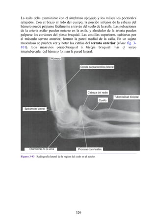 La axila debe examinarse con el antebrazo apoyado y los múscu los pectorales
relajados. Con el brazo al lado del cuerpo, la porción inferior de la cabeza del
húmero puede palparse fácilmente a través del suelo de la axila. Las pulsaciones
de la arteria axilar pueden notarse en la axila, y alrededor de la arteria pueden
palparse los cordones del plexo braquial. Las costillas superiores, cubiertas por
el músculo serrato anterior, forman la pared medial de la axila. En un sujeto
musculoso se pueden ver y notar las estrías del serrato anterior (véase fig. 3-
101). Los músculos coracobraquial y bíceps braquial más el surco
intertubercular del húmero forman la pared lateral.
Figura 3-93 Radiografía lateral de la región del codo en el adulto.
329
 