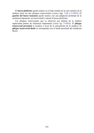 El hueso pisiforme puede notarse en el lado medial de la cara anterior de la
muñeca entre los dos pliegues transversales (véanse figs. 3-28 y 3-105A). El
gancho del hueso hamatum puede notarse con una palpación profunda de la
eminencia hipotenar, un través distal y lateral al hueso pisiforme.
Los pliegues transversales que se observan por delante de la muñeca
representan puntos de referencia importantes (véase fig. 3-105A). El pliegue
transversal proximal se localiza a nivel de la articulación de la muñeca. El
pliegue transversal distal se corresponde con el borde proximal del retináculo
flexor.
341
 