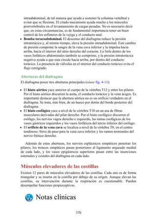 intraabdominal, de tal manera que ayuda a sostener la columna vertebral y
evitar que se flexione. El citado mecanismo ayuda mucho a los músculos
postvertebrales en el levantamiento de cargas pesadas. No es necesario decir
que, en estas circunstancias, es de fundamental importancia tener un buen
control de los esfínteres de la vejiga y el conducto anal.
Bomba toracoabdominal. El descenso del diafragma reduce la presión
intratorácica y, al mismo tiempo, eleva la presión intraabdominal. Este cambio
de presión comprime la sangre de la vena cava inferior y la impulsa hacia
arriba, hacia el interior del atrio derecho del corazón. La linfa dentro de los
vasos linfáticos abdominales también se comprime, y la presión intratorácica
negativa ayuda a que esta circule hacia arriba, por dentro del conducto
torácico. La presencia de válvulas en el interior del conducto torácico evita el
flujo retrógrado.
Aberturas del diafragma
El diafragma posee tres aberturas principales (véase fig. 4-11):
El hiato aórtico yace anterior al cuerpo de la vértebra T12 y entre los pilares.
Por el hiato aórtico discurren la aorta, el conducto torácico y la vena ácigos. Es
importante destacar que la abertura aórtica no es un orificio verdadero en el
diafragma. Se trata, más bien, de un hueco por detrás del borde posterior del
diafragma.
El hiato esofágico yace a nivel de la vértebra T10 en un asa de fibras
musculares derivadas del pilar derecho. Por el hiato esofágico discurren el
esófago, los nervios vagos derecho e izquierdo, las ramas esofágicas de los
vasos gástricos izquierdos y los vasos linfáticos del tercio inferior del esófago.
El orificio de la vena cava se localiza a nivel de la vértebra T8, en el centro
tendinoso. Sirve de paso para la vena cava inferior y los ramos terminales del
nervio frénico derecho.
Además de estas aberturas, los nervios esplácnicos simpáticos penetran los
pilares; los troncos simpáticos pasan posteriores al ligamento arqueado medial
de cada lado, y los vasos epigástricos superiores pasan entre las inserciones
esternales y costales del diafragma en cada lado.
Músculos elevadores de las costillas
Existen 12 pares de músculos elevadores de las costillas. Cada uno es de forma
triangular y se inserta en la costilla por debajo de su origen. Aunque elevan las
costillas, su intervención durante la respiración es cuestionable. Pueden
desempeñar funciones propioceptivas.
Notas clínicas
370
 