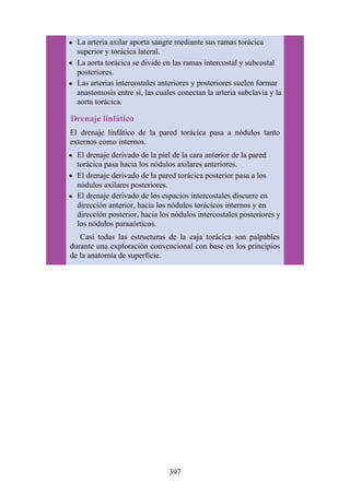La arteria axilar aporta sangre mediante sus ramas torácica
superior y torácica lateral.
La aorta torácica se divide en las ramas intercostal y subcostal
posteriores.
Las arterias intercostales anteriores y posteriores suelen formar
anastomosis entre sí, las cuales conectan la arteria subclavia y la
aorta torácica.
Drenaje linfático
El drenaje linfático de la pared torácica pasa a nódulos tanto
externos como internos.
El drenaje derivado de la piel de la cara anterior de la pared
torácica pasa hacia los nódulos axilares anteriores.
El drenaje derivado de la pared torácica posterior pasa a los
nódulos axilares posteriores.
El drenaje derivado de los espacios intercostales discurre en
dirección anterior, hacia los nódulos torácicos internos y en
dirección posterior, hacia los nódulos intercostales posteriores y
los nódulos paraaórticos.
Casi todas las estructuras de la caja torácica son palpables
durante una exploración convencional con base en los principios
de la anatomía de superficie.
397
 
