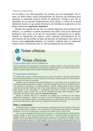 Tipos de respiración
En los bebés y los niños pequeños, las costillas son casi horizontales. Por lo
tanto, los bebes deben valerse principalmente del descenso del diafragma para
aumentar su capacidad torácica durante la inspiración. Debido a que ello se
acompaña de un marcado desplazamiento hacia adentro y afuera de la pared
abdominal anterior, lo que puede observarse con facilidad, la respiración en esta
edad se denomina respiración abdominal.
Después del segundo año de vida, las costillas adquieren una orientación más
oblicua, y se establece el patrón respiratorio del adulto. Una de las diferencias
biológicas entre sexos es el tipo de movimientos respiratorios en el adulto.
Durante la inspiración, las mujeres suelen depender principalmente de los
movimientos de las costillas en lugar del descenso del diafragma. Este efecto se
conoce como respiración torácica. Los hombres emplean tanto la respiración
torácica como la abdominal, pero se valen principalmente de esta última.
Notas clínicas
Notas clínicas
Exploración física de los pulmones
Para la exploración física del paciente, recuerde que los lóbulos superiores de los pulmones pueden
explorarse con mayor facilidad desde una posición por delante del tórax y los lóbulos inferiores, por
detrás. Es posible explorar áreas de todos los lóbulos desde la axila.
Traumatismo pulmonar
Un médico debe recordar en todo momento que el vértice del pulmón se proyecta superiormente
hacia el interior del cuello (2,5 cm por encima de la clavícula), y puede lesionarse por una herida por
arma blanca o de fuego en esta región.
A pesar de que los pulmones están bien protegidos por la caja torácica ósea, una astilla de una
costilla fracturada puede penetrar el pulmón y provocar el escape de aire hacia la cavidad pleural, lo
que ocasiona un neumotórax y el colapso pulmonar. Además, también puede alcanzar el tejido
conjuntivo del pulmón. Desde este sitio, el aire puede desplazarse por debajo de la pleura visceral
hasta alcanzar la raíz del pulmón. A continuación, pasa hacia el interior del mediastino y,
superiormente, hacia el cuello. Una vez que ha alcanzado este lugar, puede distender el tejido
subcutáneo, una alteración que se denomina enfisema subcutáneo.
Durante la distintas fases de la respiración, los cambios en la posición de las vísceras
abdominales superiores y torácicas, así como el nivel del diafragma en relación con la pared
torácica, son de relevancia clínica. Una herida penetrante en la parte inferior del tórax puede dañar
las vísceras abdominales, según la fase de la respiración al momento de la lesión.
Dolor y neumopatías
El tejido pulmonar y la pleura visceral carecen de terminaciones nerviosas sensibles al dolor, por
lo que el dolor torácico siempre es una consecuencia de alteraciones que afectan las estructuras
adyacentes. En el caso de tuberculosis o neumonía, por ejemplo, puede no haber dolor.
Una vez que la neumopatía atraviesa la pleura visceral y la cavidad pleural para afectar la pleura
parietal, el dolor se vuelve una característica prominente. La neumonía lobular con pleuritis, por
ejemplo, produce un dolor desgarrante intenso, que se agrava con la inspiración profunda o la tos.
Debido a que la parte inferior de la pleura parietal costal recibe su aporte nervioso desde los cinco
nervios intercostales inferiores, los cuales también inervan la piel de la pared abdominal anterior, la
436
 