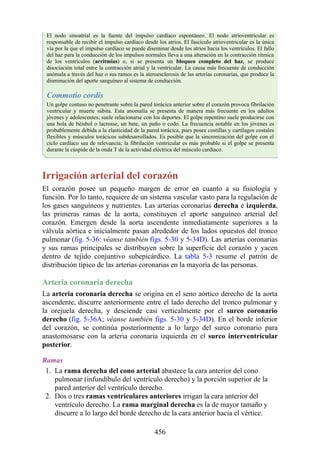 El nodo sinoatrial es la fuente del impulso cardíaco espontáneo. El nodo atrioventricular es
responsable de recibir el impulso cardíaco desde los atrios. El fascículo atrioventricular es la única
vía por la que el impulso cardíaco se puede diseminar desde los atrios hacia los ventrículos. El fallo
del haz para la conducción de los impulsos normales lleva a una alteración en la contracción rítmica
de los ventrículos (arritmias) o, si se presenta un bloqueo completo del haz, se produce
disociación total entre la contracción atrial y la ventricular. La causa más frecuente de conducción
anómala a través del haz o sus ramos es la ateroesclerosis de las arterias coronarias, que produce la
disminución del aporte sanguíneo al sistema de conducción.
Commotio cordis
Un golpe contuso no penetrante sobre la pared torácica anterior sobre el corazón provoca fibrilación
ventricular y muerte súbita. Esta anomalía se presenta de manera más frecuente en los adultos
jóvenes y adolescentes; suele relacionarse con los deportes. El golpe repentino suele producirse con
una bola de béisbol o lacrosse, un bate, un puño o codo. La frecuencia notable en los jóvenes es
probablemente debida a la elasticidad de la pared torácica, pues posee costillas y cartílagos costales
flexibles y músculos torácicos subdesarrollados. Es posible que la sincronización del golpe con el
ciclo cardíaco sea de relevancia; la fibrilación ventricular es más probable si el golpe se presenta
durante la cúspide de la onda T de la actividad eléctrica del músculo cardíaco.
Irrigación arterial del corazón
El corazón posee un pequeño margen de error en cuanto a su fisiología y
función. Por lo tanto, requiere de un sistema vascular vasto para la regulación de
los gases sanguíneos y nutrientes. Las arterias coronarias derecha e izquierda,
las primeras ramas de la aorta, constituyen el aporte sanguíneo arterial del
corazón. Emergen desde la aorta ascendente inmediatamente superiores a la
válvula aórtica e inicialmente pasan alrededor de los lados opuestos del tronco
pulmonar (fig. 5-36: véanse también figs. 5-30 y 5-34D). Las arterias coronarias
y sus ramas principales se distribuyen sobre la superficie del corazón y yacen
dentro de tejido conjuntivo subepicárdico. La tabla 5-3 resume el patrón de
distribución típico de las arterias coronarias en la mayoría de las personas.
Arteria coronaria derecha
La arteria coronaria derecha se origina en el seno aórtico derecho de la aorta
ascendente, discurre anteriormente entre el lado derecho del tronco pulmonar y
la orejuela derecha, y desciende casi verticalmente por el surco coronario
derecho (fig. 5-36A; véanse también figs. 5-30 y 5-34D). En el borde inferior
del corazón, se continúa posteriormente a lo largo del surco coronario para
anastomosarse con la arteria coronaria izquierda en el surco interventricular
posterior.
Ramas
1. La rama derecha del cono arterial abastece la cara anterior del cono
pulmonar (infundíbulo del ventrículo derecho) y la porción superior de la
pared anterior del ventrículo derecho.
2. Dos o tres ramas ventriculares anteriores irrigan la cara anterior del
ventrículo derecho. La rama marginal derecha es la de mayor tamaño y
discurre a lo largo del borde derecho de la cara anterior hacia el vértice.
456
 