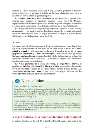 anterior a la línea arqueada (véase fig. 6-17). Asciende posterior al músculo
recto, e irriga la porción central inferior de la pared abdominal anterior y se
anastomosa con la arteria epigástrica superior.
La arteria circunfleja ilíaca profunda es una rama de la arteria ilíaca
externa justo superior al ligamento inguinal (véase fig. 6-6). Discurre
superolateralmente hacia la espina ilíaca anterior superior y después se continúa
a lo largo de la cresta ilíaca. Irriga la porción inferior de la pared abdominal.
Las dos arterias intercostales posteriores inferiores, ramas de la aorta torácica
descendente, y las cuatro arterias lum-bares, ramas de la aorta abdominal,
discurren anteriormente entre las capas musculares e irrigan la porción lateral
inferior de la pared abdominal (véase fig. 6-6).
Venas
Las venas superficiales forman una red que se irradia desde el ombligo (véase
fig. 6-7). Superiormente, la red drena en la vena axilar a través de la vena
torácica lateral e, inferiormente, en la vena femoral a través de la vena
epigástrica superficial y la vena safena mayor. Unas cuantas venas pequeñas,
las venas periumbilicales, conectan la red alrededor del ombligo y a lo largo del
ligamento redondo con la vena porta. Lo anterior da origen a una importante
anastomosis venosa portosistémica.
Las venas profundas de la pared abdominal, la epigástrica superior, la
epigástrica inferior y la circunfleja ilíaca profunda, acompañan a las arterias
del mismo nombre y drenan en las venas torácica interna e ilíaca externa. Las
venas intercostales posteriores drenan en la vena ácigos, mientras que las
venas lumbares lo hacen en la vena cava inferior.
Notas clínicas
Obstrucción de la vena cava
Cuando la vena cava inferior o la superior resultan obstruidas, el flujo venoso distiende las venas
que discurren desde la pared anterior del tórax hacia el muslo. La vena torácica lateral se
anastomosa con la vena epigástrica superficial, una tributaria de la vena safena mayor del miembro
inferior. En estas circunstancias, se extiende una vena varicosa tortuosa desde la axila hasta el
abdomen inferior (véase fig. 6-7).
Obstrucción de la vena porta
En los casos de obstrucción de la vena porta, las venas superficiales alrededor del ombligo y las
venas periumbilicales se distienden de forma pronunciada (véase fig. 6-7). Las venas subcutáneas
dilatadas se irradian desde el ombligo, produciendo en casos graves lo que se conoce clínicamente
como cabeza de medusa (fig. 6-23).
Vasos linfáticos de la pared abdominal anterolateral
El drenaje linfático de la piel de la pared abdominal anterior por encima del
533
 