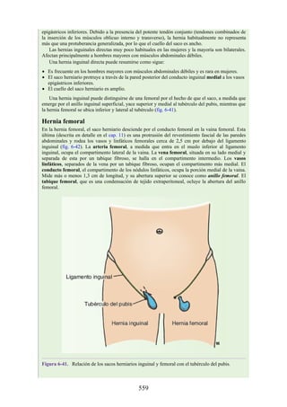epigástricos inferiores. Debido a la presencia del potente tendón conjunto (tendones combinados de
la inserción de los músculos oblicuo interno y transverso), la hernia habitualmente no representa
más que una protuberancia generalizada, por lo que el cuello del saco es ancho.
Las hernias inguinales directas muy poco habituales en las mujeres y la mayoría son bilaterales.
Afectan principalmente a hombres mayores con músculos abdominales débiles.
Una hernia inguinal directa puede resumirse como sigue:
Es frecuente en los hombres mayores con músculos abdominales débiles y es rara en mujeres.
El saco herniario protruye a través de la pared posterior del conducto inguinal medial a los vasos
epigástricos inferiores.
El cuello del saco herniario es amplio.
Una hernia inguinal puede distinguirse de una femoral por el hecho de que el saco, a medida que
emerge por el anillo inguinal superficial, yace superior y medial al tubérculo del pubis, mientras que
la hernia femoral se ubica inferior y lateral al tubérculo (fig. 6-41).
Hernia femoral
En la hernia femoral, el saco herniario desciende por el conducto femoral en la vaina femoral. Esta
última (descrita en detalle en el cap. 11) es una protrusión del revestimiento fascial de las paredes
abdominales y rodea los vasos y linfáticos femorales cerca de 2,5 cm por debajo del ligamento
inguinal (fig. 6-42). La arteria femoral, a medida que entra en el muslo inferior al ligamento
inguinal, ocupa el compartimento lateral de la vaina. La vena femoral, situada en su lado medial y
separada de esta por un tabique fibroso, se halla en el compartimento intermedio. Los vasos
linfáticos, separados de la vena por un tabique fibroso, ocupan el compartimento más medial. El
conducto femoral, el compartimento de los nódulos linfáticos, ocupa la porción medial de la vaina.
Mide más o menos 1,3 cm de longitud, y su abertura superior se conoce como anillo femoral. El
tabique femoral, que es una condensación de tejido extraperitoneal, ocluye la abertura del anillo
femoral.
Figura 6-41. Relación de los sacos herniarios inguinal y femoral con el tubérculo del pubis.
559
 
