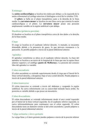 Estómago
La unión cardioesofágica se localiza tres dedos por debajo y a la izquierda de la
unión xifoesternal (el esófago atraviesa el diafragma a nivel de la vértebra T10).
El píloro se halla en el plano transpilórico justo a la derecha de la línea
media. La curvatura menor se localiza en una línea curva que conecta la unión
cardioesofágica y el píloro. La curvatura mayor posee una posición
ampliamente variable en la región umbilical o por debajo.
Duodeno (primera porción)
El duodeno se localiza en el plano transpilórico cerca de dos dedos a la derecha
de la línea media.
Ciego
El ciego se localiza en el cuadrante inferior derecho. A menudo, se encuentra
distendido debido a la presencia de gases, lo que provoca resonancia a la
percusión. Es posible palparlo a través de la pared abdominal anterior.
Apéndice
El apéndice vermiforme se ubica en el cuadrante inferior derecho. La base del
apéndice se localiza a un tercio de la longitud de la línea que une la espina ilíaca
anterior superior y el ombligo (punto de McBurney). La posición del extremo
libre del apéndice es variable.
Colon ascendente
El colon ascendente se extiende superiormente desde el ciego por el lateral de la
línea vertical derecha, y desaparece bajo el arco costal derecho. Puede palparse a
través de la pared abdominal anterior.
Colon transverso
El colon transverso se extiende a través del abdomen y ocupando la región
umbilical. Se curva inferiormente con su concavidad mirando hacia arriba. Su
posición es variable debido a que posee un mesenterio.
Colon descendente
El colon descendente se extiende inferiormente desde el arco costal izquierdo
por el lateral de la línea vertical izquierda. En el cuadrante inferior izquierdo, se
curva inferomedialmente para continuarse con el colon sigmoide. El colon
descendente tiene un diámetro similar al del colon ascendente y puede palparse a
través de la pared abdominal anterior.
Vejiga urinaria y útero gestante
La vejiga llena y el útero gestante pueden palparse a través de la porción inferior
574
 