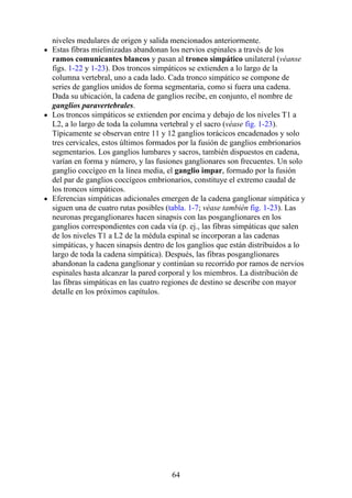 niveles medulares de origen y salida mencionados anteriormente.
Estas fibras mielinizadas abandonan los nervios espinales a través de los
ramos comunicantes blancos y pasan al tronco simpático unilateral (véanse
figs. 1-22 y 1-23). Dos troncos simpáticos se extienden a lo largo de la
columna vertebral, uno a cada lado. Cada tronco simpático se compone de
series de ganglios unidos de forma segmentaria, como si fuera una cadena.
Dada su ubicación, la cadena de ganglios recibe, en conjunto, el nombre de
ganglios paravertebrales.
Los troncos simpáticos se extienden por encima y debajo de los niveles T1 a
L2, a lo largo de toda la columna vertebral y el sacro (véase fig. 1-23).
Típicamente se observan entre 11 y 12 ganglios torácicos encadenados y solo
tres cervicales, estos últimos formados por la fusión de ganglios embrionarios
segmentarios. Los ganglios lumbares y sacros, también dispuestos en cadena,
varían en forma y número, y las fusiones ganglionares son frecuentes. Un solo
ganglio coccígeo en la línea media, el ganglio impar, formado por la fusión
del par de ganglios coccígeos embrionarios, constituye el extremo caudal de
los troncos simpáticos.
Eferencias simpáticas adicionales emergen de la cadena ganglionar simpática y
siguen una de cuatro rutas posibles (tabla. 1-7; véase también fig. 1-23). Las
neuronas preganglionares hacen sinapsis con las posganglionares en los
ganglios correspondientes con cada vía (p. ej., las fibras simpáticas que salen
de los niveles T1 a L2 de la médula espinal se incorporan a las cadenas
simpáticas, y hacen sinapsis dentro de los ganglios que están distribuidos a lo
largo de toda la cadena simpática). Después, las fibras posganglionares
abandonan la cadena ganglionar y continúan su recorrido por ramos de nervios
espinales hasta alcanzar la pared corporal y los miembros. La distribución de
las fibras simpáticas en las cuatro regiones de destino se describe con mayor
detalle en los próximos capítulos.
64
 