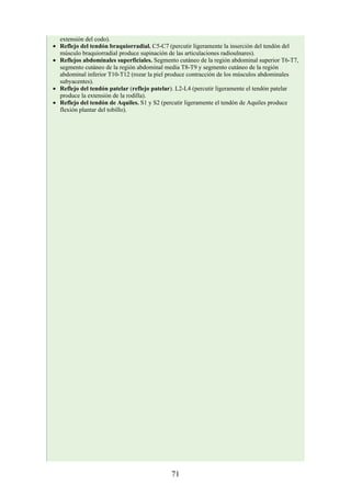extensión del codo).
Reflejo del tendón braquiorradial. C5-C7 (percutir ligeramente la inserción del tendón del
músculo braquiorradial produce supinación de las articulaciones radioulnares).
Reflejos abdominales superficiales. Segmento cutáneo de la región abdominal superior T6-T7,
segmento cutáneo de la región abdominal media T8-T9 y segmento cutáneo de la región
abdominal inferior T10-T12 (rozar la piel produce contracción de los músculos abdominales
subyacentes).
Reflejo del tendón patelar (reflejo patelar). L2-L4 (percutir ligeramente el tendón patelar
produce la extensión de la rodilla).
Reflejo del tendón de Aquiles. S1 y S2 (percutir ligeramente el tendón de Aquiles produce
flexión plantar del tobillo).
71
 