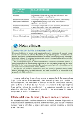 CONDUCTO
LINFÁTICO
RUTA DE DRENAJE
Miembros La linfa sigue el trayecto de las venas principales (p. ej., vena
basílica a vena axilar a vena subclavia).
Paredes toracoabdominales
superficiales (subcutáneas)
La linfa sigue el trayecto de los vasos sanguíneos subcutáneos (p.
ej., arteria torácica lateral a arteria axilar; vena epigástrica
superficial a vena femoral).
Paredes toracoabdominales
profundas
La linfa sigue el trayecto de los vasos sanguíneos principales (p.
ej., vasos intercostales, vasos torácicos internos).
Vísceras torácicas La linfa sigue el trayecto del árbol respiratorio (p. ej., nódulos
broncopulmonares a nódulos traqueobronquiales y tronco
broncomediastínico).
Vísceras abdominopélvicas La linfa sigue el trayecto de los árboles arteriales (p. ej., nódulo
gástrico a nódulo celíaco a cisterna del quilo).
Notas clínicas
Alteraciones que afectan el sistema linfático
El sistema linfático por lo general queda relegado en los cursos tradicionales de anatomía porque
resulta difícil de observar en cadáveres. No obstante, es muy importante para el personal de atención
sanitaria debido a que los nódulos linfáticos pueden inflamarse como resultado de una metástasis o
de un tumor primario. En consecuencia, es importante conocer el drenaje linfático de los principales
órganos del cuerpo, inclusive de la piel.
Un paciente podría quejarse de inflamación atribuible al crecimiento de un nódulo linfático. El
médico debe conocer las áreas del cuerpo que drenan su linfa a un nódulo en particular para poder
identificar el sitio primario de enfermedad. Los pacientes suelen ignorar la enfermedad primaria,
que podría ser un pequeño carcinoma cutáneo indoloro.
Por otro lado, si el paciente se quejara de una úlcera en la lengua, por ejemplo, el médico debería
conocer el drenaje linfático de dicha estructura para poder determinar si la enfermedad se ha
propagado más allá de sus límites.
La capa parietal de la membrana serosa se desarrolla de la somatopleura
(capa celular interna de mesodermo) y está inervada por una gran cantidad de
nervios espinales. Por esta razón, es sensible a todas las sensaciones comunes,
como el tacto y el dolor. La capa visceral se desarrolla de la esplacnopleura
(capa celular interna de mesodermo) y se encuentra inervada por nervios
viscerales aferentes. Si bien no es sensible a las sensaciones de tacto y
temperatura, sí detecta el estiramiento.
Efectos del sexo, la edad y la raza en la estructura
La anatomía descriptiva tiende a concentrarse en formas estables. El personal de
atención sanitaria debe tener presente, en todo momento, que existen diferencias
raciales y que la estructura y función corporales cambian conforme la persona
crece y envejece.
79
 
