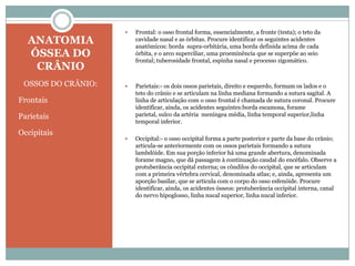    Frontal: o osso frontal forma, essencialmente, a fronte (testa); o teto da
  ANATOMIA              cavidade nasal e as órbitas. Procure identificar os seguintes acidentes
                        anatômicos: borda supra-orbitária, uma borda definida acima de cada
  ÓSSEA DO              órbita, e o arco superciliar, uma proeminência que se superpõe ao seio
                        frontal; tuberosidade frontal, espinha nasal e processo zigomático.
   CRÂNIO
 OSSOS DO CRÂNIO:      Parietais:- os dois ossos parietais, direito e esquerdo, formam os lados e o
                        teto do crânio e se articulam na linha mediana formando a sutura sagital. A
Frontais                linha de articulação com o osso frontal é chamada de sutura coronal. Procure
                        identificar, ainda, os acidentes seguintes:borda escamosa, forame
Parietais               parietal, sulco da artéria meníngea média, linha temporal superior,linha
                        temporal inferior.
Occipitais
                       Occipital:- o osso occipital forma a parte posterior e parte da base do crânio;
                        articula-se anteriormente com os ossos parietais formando a sutura
                        lambdóide. Em sua porção inferior há uma grande abertura, denominada
                        forame magno, que dá passagem à continuação caudal do encéfalo. Observe a
                        protuberância occipital externa; os côndilos do occipital, que se articulam
                        com a primeira vértebra cervical, denominada atlas; e, ainda, apresenta um
                        aporção basilar, que se articula com o corpo do osso esfenóide. Procure
                        identificar, ainda, os acidentes ósseos: protuberância occipital interna, canal
                        do nervo hipoglosso, linha nucal superior, linha nucal inferior.
 