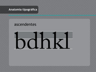 Anatomia tipográfica




   ascendentes




    bdhkl
 