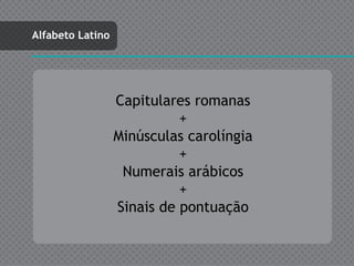 Alfabeto Latino




                  Capitulares romanas
                            +
                  Minúsculas carolíngia
                            +
                   Numerais arábicos
                            +
                  Sinais de pontuação
 