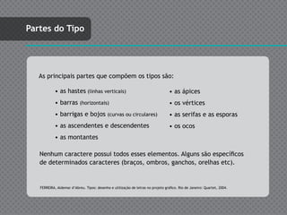 Partes do Tipo




   As principais partes que compõem os tipos são:

            • as hastes (linhas verticais)                                        • as ápices
            • barras (horizontais)                                                • os vértices
            • barrigas e bojos (curvas ou circulares)                             • as serifas e as esporas
            • as ascendentes e descendentes                                       • os ocos
            • as montantes

   Nenhum caractere possui todos esses elementos. Alguns são específicos
   de determinados caracteres (braços, ombros, ganchos, orelhas etc).


   FERREIRA, Aldemar d’Abreu. Tipos: desenho e utilização de letras no projeto gráfico. Rio de Janeiro: Quartet, 2004.
 