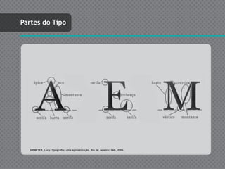 Partes do Tipo




  NIEMEYER, Lucy. Tipografia: uma apresentação. Rio de Janeiro: 2AB, 2006.
 
