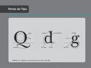 Partes do Tipo




  NIEMEYER, Lucy. Tipografia: uma apresentação. Rio de Janeiro: 2AB, 2006.
 