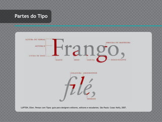 Partes do Tipo




  LUPTON, Ellen. Pensar com Tipos: guia para designers editores, editores e estudantes. São Paulo: Cosac Naify, 2007.
 