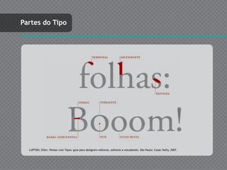 Partes do Tipo




  LUPTON, Ellen. Pensar com Tipos: guia para designers editores, editores e estudantes. São Paulo: Cosac Naify, 2007.
 