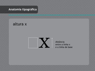 Anatomia tipográfica




   altura x




                       x   distância
                           entre a linha x
                           e a linha de base
 