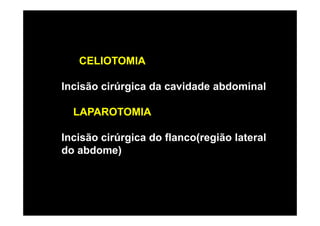 CELIOTOMIA

Incisão cirúrgica da cavidade abdominal

  LAPAROTOMIA

Incisão cirúrgica do flanco(região lateral
do abdome)
 
