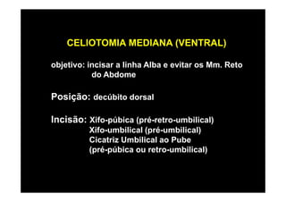 CELIOTOMIA MEDIANA (VENTRAL)

objetivo: incisar a linha Alba e evitar os Mm. Reto
           do Abdome

Posição: decúbito dorsal

Incisão: Xifo-púbica (pré-retro-umbilical)
          Xifo-umbilical (pré-umbilical)
          Cicatriz Umbilical ao Pube
          (pré-púbica ou retro-umbilical)
 
