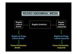 REGIÃO ABDOMINAL MÉDIA


     Região                                 Região
     Lateral        Região Umbilical        Lateral
     direita                               esquerda




Região da Prega                         Região da Prega
Lateral direita                         Lateral esquerda


Fossa Paralombar                       Fossa Paralombar
    direita                                esquerda
 