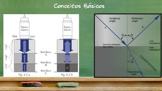 Trans-
ducer
Skin Gel
Trans-
ducer
Interface
A
Interface
B
Interface
C
45
t
2
A
t
2
B
t
2
C
Muscle 1568 m/s
Bone 3360 m/s
Table 6.1
Fig. 6.2 a Fig. 6.2 b
sound waves deep to this structure from which it can gener-
ate an image. Instead, the total reflection creates an acoustic
shadow (45).
Conceitos Básicos
 