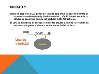 UNIDAD 1
Líquidos corporales: 2/3 partes del liquido corporal se encuentra dentro de
   las células se denomina liquido intracelular (LIC). El liquido fuera de la
   células se denomina liquido extracelular (LEC) 1/3 del total.
El LEC se distribuye en el espacio entre las células o liquido intersticial, en
    los vasos sanguíneos plasma, en los vasos linfáticos linfa.


                         PLASM
                         A
     Liquido
     Interticial             celula
 