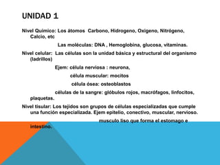 UNIDAD 1
Nivel Químico: Los átomos Carbono, Hidrogeno, Oxigeno, Nitrógeno,
   Calcio, etc
                 Las moléculas: DNA , Hemoglobina, glucosa, vitaminas.
Nivel celular: Las células son la unidad básica y estructural del organismo
   (ladrillos)
                Ejem: célula nerviosa : neurona,
                      célula muscular: mocitos
                       célula ósea: osteoblastos
                células de la sangre: glóbulos rojos, macrófagos, linfocitos,
   plaquetas.
Nivel tisular: Los tejidos son grupos de células especializadas que cumple
   una función especializada. Ejem epitelio, conectivo, muscular, nervioso.
                                   musculo liso que forma el estomago e
   intestino.
 