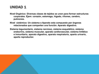 UNIDAD 1
Nivel Orgánico: Diversas clases de tejidos se unen para formar estructuras
   corporales. Ejem: corazón, estomago, hígado, riñones, cerebro,
   pulmones.
Nivel sistémico: Un sistema o Aparato esta compuesto por órganos
   relacionados que comparten una función. Aparato digestivo.
Sistema tegumentario, sistema nervioso, sistema esquelético, sistema
    endocrino, sistema muscular, aparato cardiovascular, sistema linfático
    e inmunitario, aparato digestivo, aparato respiratorio, aparto urinario,
    aparto reproductor.
 