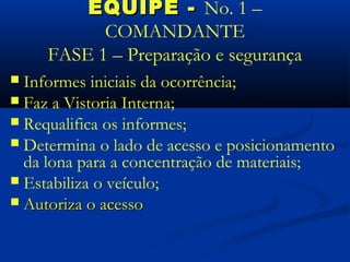 EQUIPE - No. 1 –
           COMANDANTE
     FASE 1 – Preparação e segurança
 Informes iniciais da ocorrência;
 Faz a Vistoria Interna;
 Requalifica os informes;
 Determina o lado de acesso e posicionamento
  da lona para a concentração de materiais;
 Estabiliza o veículo;
 Autoriza o acesso
 