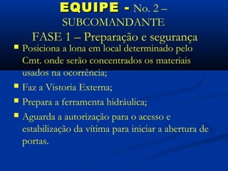 EQUIPE - No. 2 –
              SUBCOMANDANTE
      FASE 1 – Preparação e segurança
   Posiciona a lona em local determinado pelo
    Cmt. onde serão concentrados os materiais
    usados na ocorrência;
   Faz a Vistoria Externa;
   Prepara a ferramenta hidráulica;
   Aguarda a autorização para o acesso e
    estabilização da vítima para iniciar a abertura de
    portas.
 