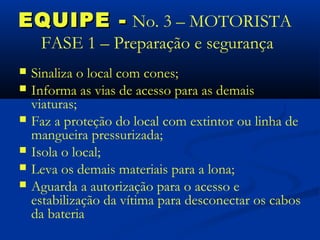 EQUIPE - No. 3 – MOTORISTA
     FASE 1 – Preparação e segurança
   Sinaliza o local com cones;
   Informa as vias de acesso para as demais
    viaturas;
   Faz a proteção do local com extintor ou linha de
    mangueira pressurizada;
   Isola o local;
   Leva os demais materiais para a lona;
   Aguarda a autorização para o acesso e
    estabilização da vítima para desconectar os cabos
    da bateria
 