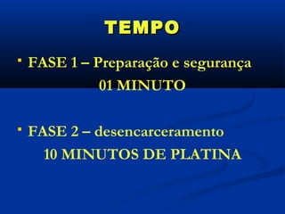 TEMPO
   FASE 1 – Preparação e segurança
              01 MINUTO

   FASE 2 – desencarceramento
      10 MINUTOS DE PLATINA
 