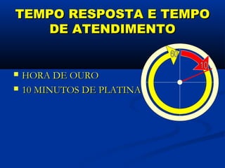 TEMPO RESPOSTA E TEMPO
   DE ATENDIMENTO


   HORA DE OURO
   10 MINUTOS DE PLATINA
 