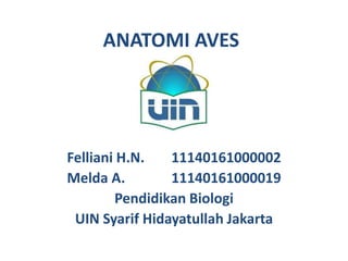 ANATOMI AVES
Felliani H.N. 11140161000002
Melda A. 11140161000019
Pendidikan Biologi
UIN Syarif Hidayatullah Jakarta
 